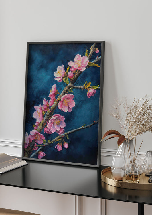Bold Cherry Blossoms on Indigo Branch