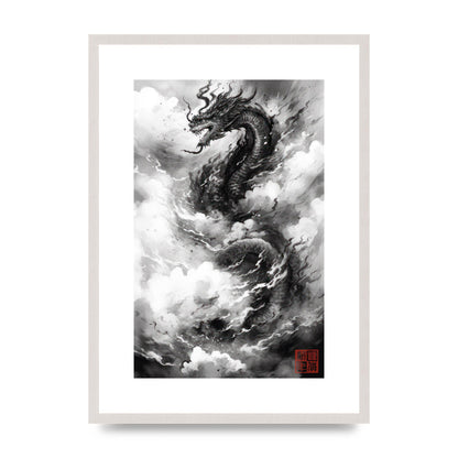 Abstract Sumi-e Spiraling Dragon in Clouds