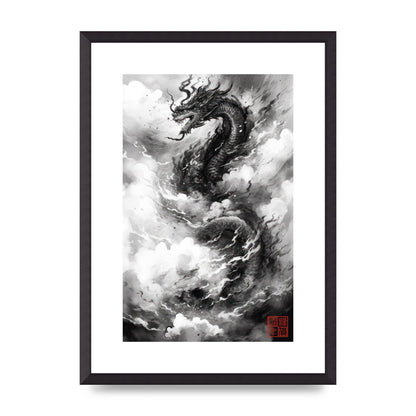 Abstract Sumi-e Spiraling Dragon in Clouds