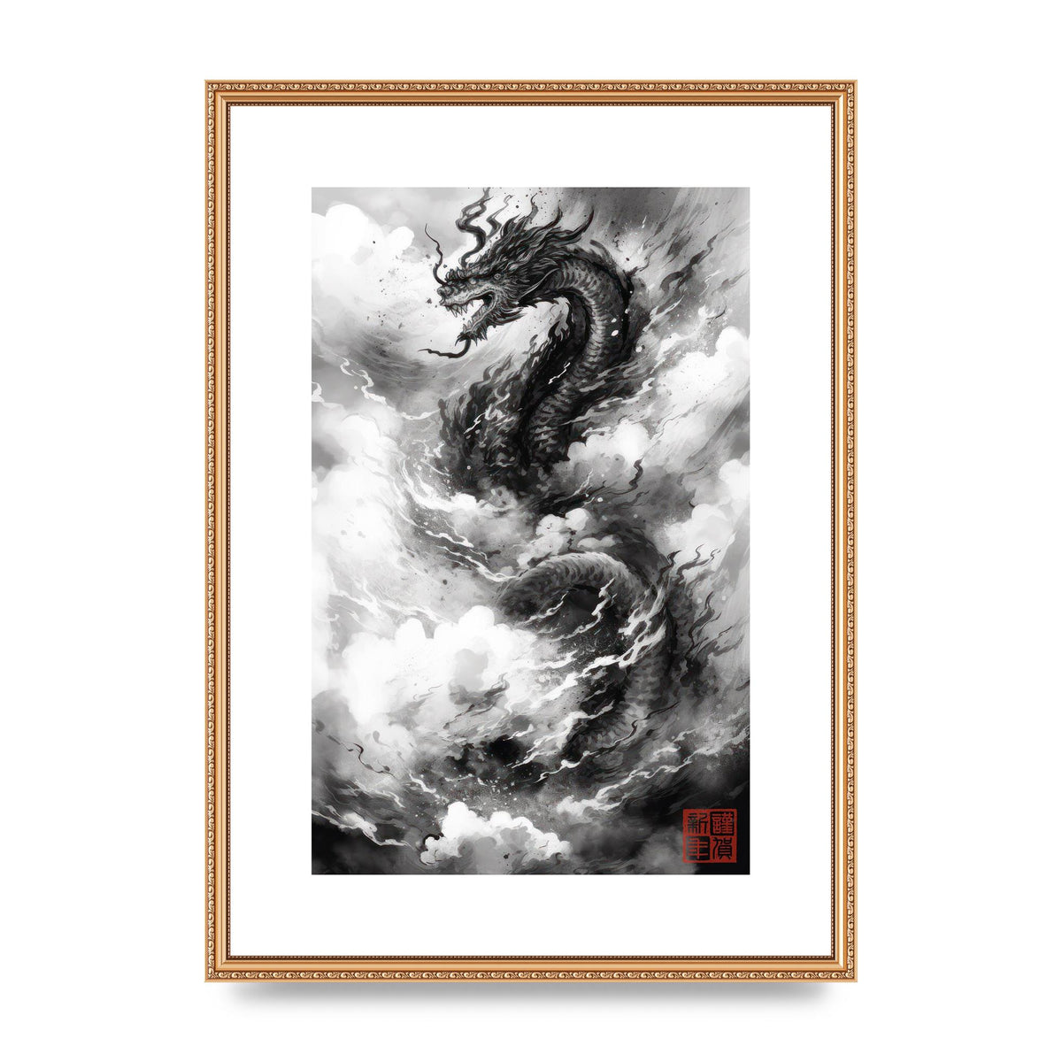 Abstract Sumi-e Spiraling Dragon in Clouds