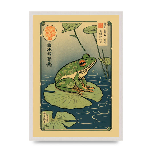 Zen-inspired Art Frog on Lily Pad, print in an A2 white saw cut grain frame