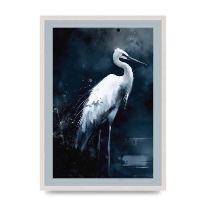 Minimalistic Sumi-e White Crane in Indigo, print in an A2 white saw cut grain frame