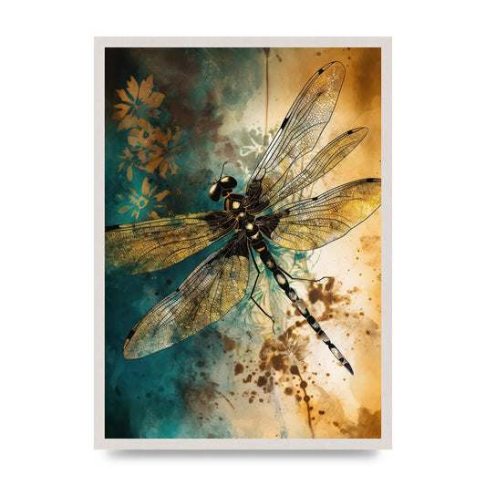 Dreamlike Dragonfly in Gold and Teal Sumi-e