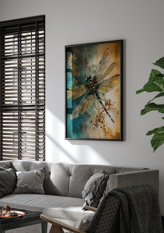 Dreamlike Dragonfly in Gold and Teal Sumi-e