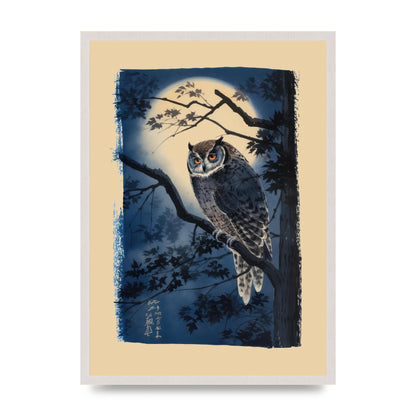 Sumi-e Night Owl in Deep Blues and Blacks