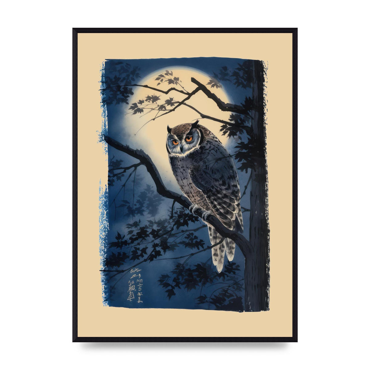 Sumi-e Night Owl in Deep Blues and Blacks