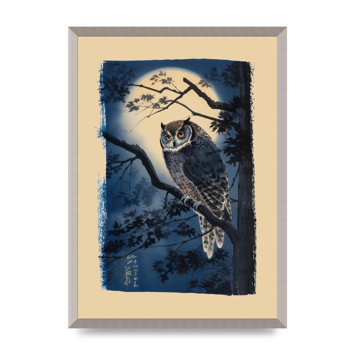 Sumi-e Night Owl in Deep Blues and Blacks