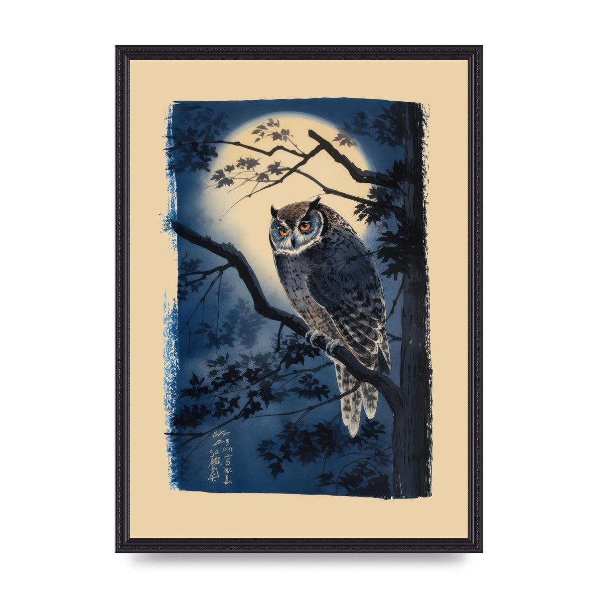 Sumi-e Night Owl in Deep Blues and Blacks
