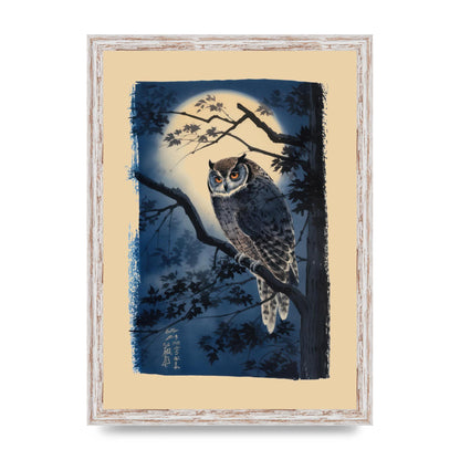 Sumi-e Night Owl in Deep Blues and Blacks