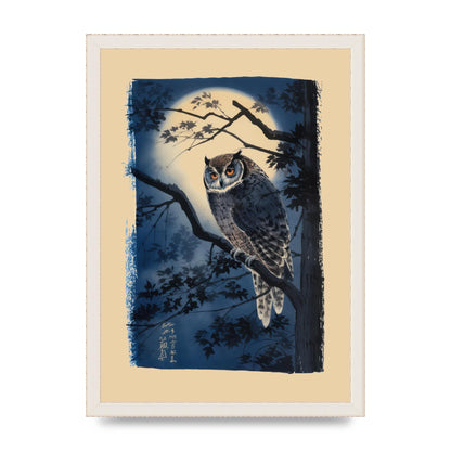 Sumi-e Night Owl in Deep Blues and Blacks