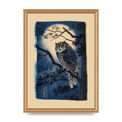 Sumi-e Night Owl in Deep Blues and Blacks