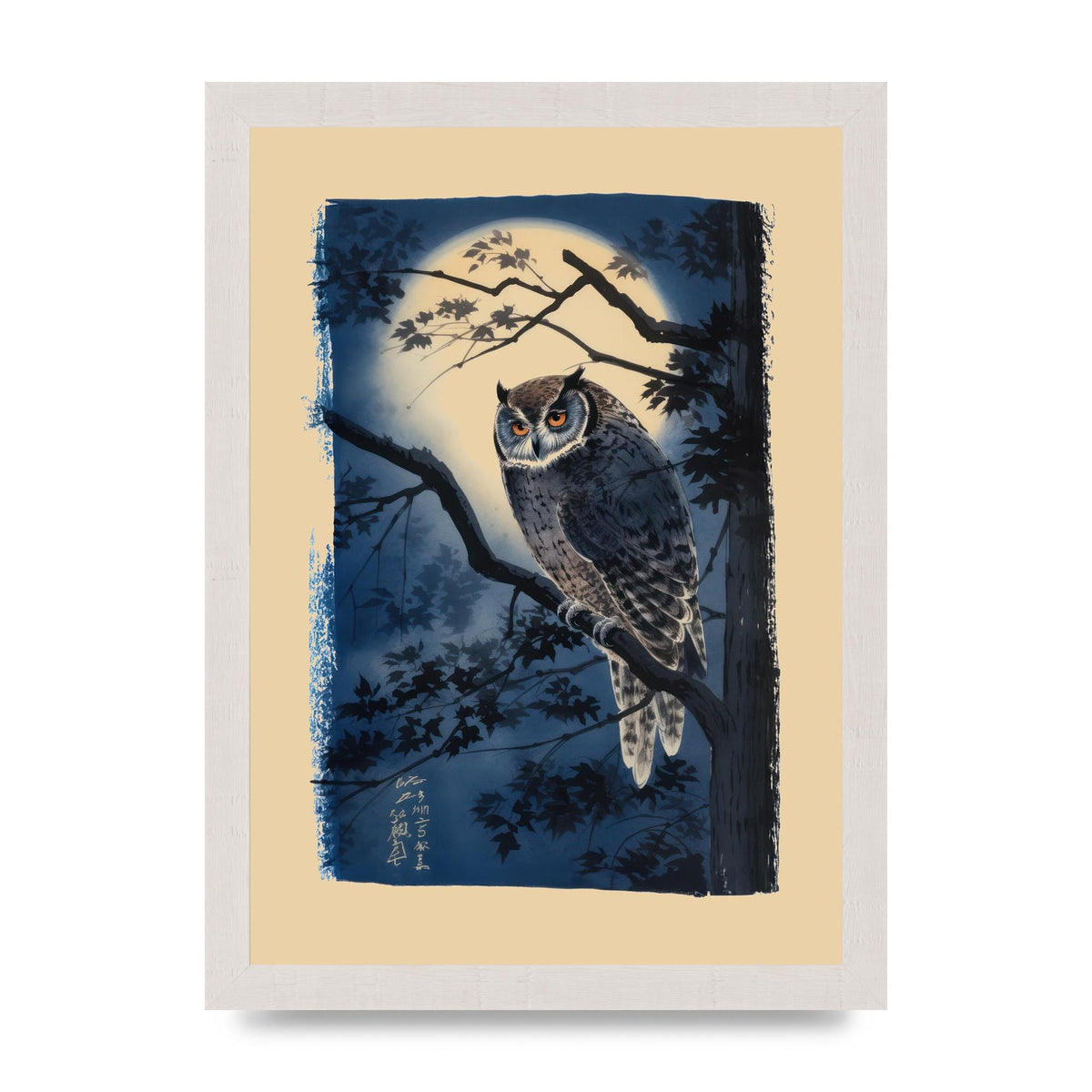 Sumi-e Night Owl in Deep Blues and Blacks
