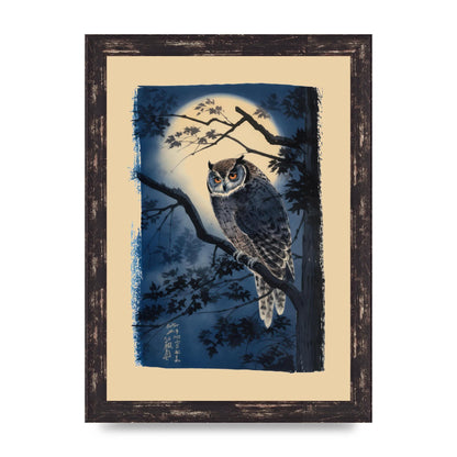 Sumi-e Night Owl in Deep Blues and Blacks