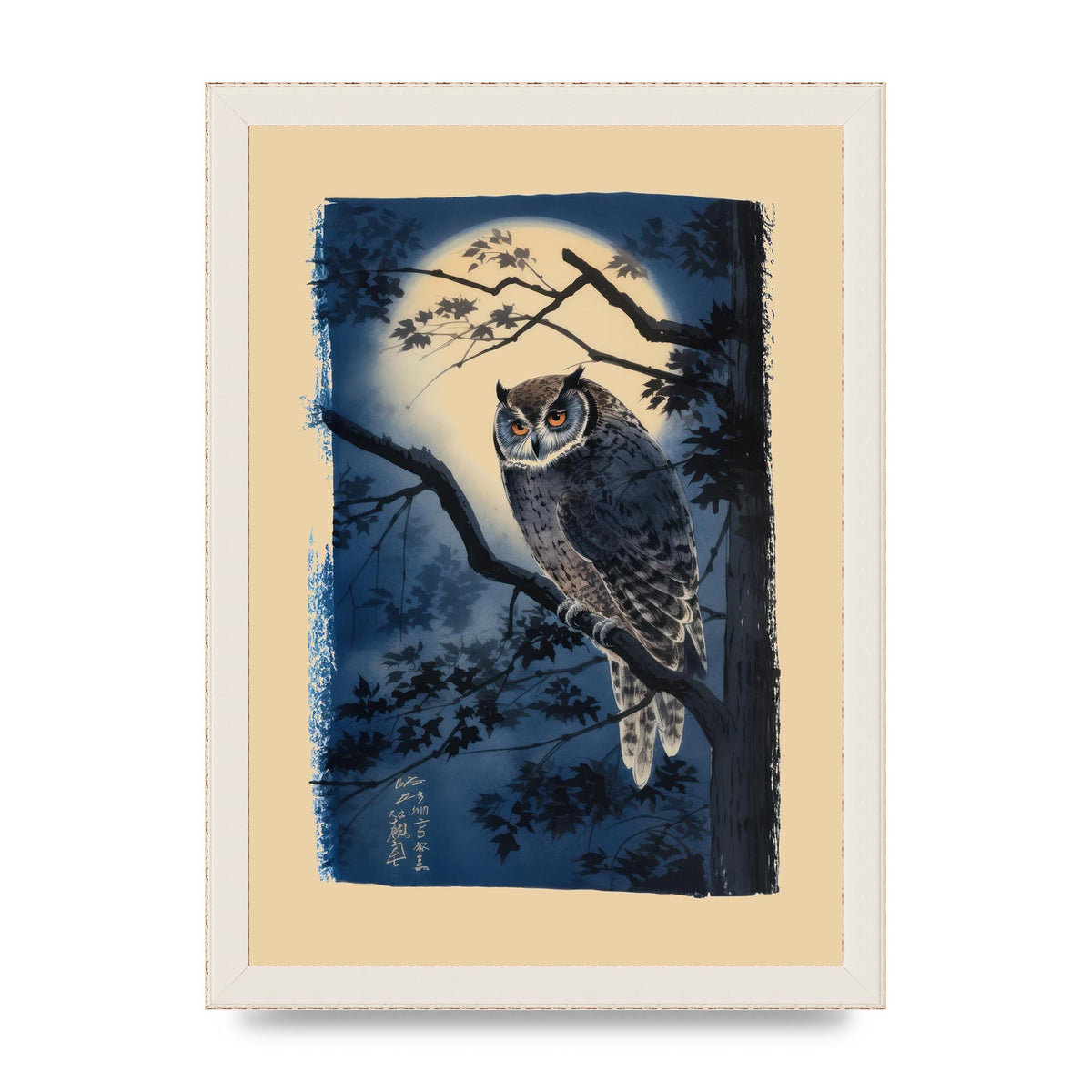 Sumi-e Night Owl in Deep Blues and Blacks