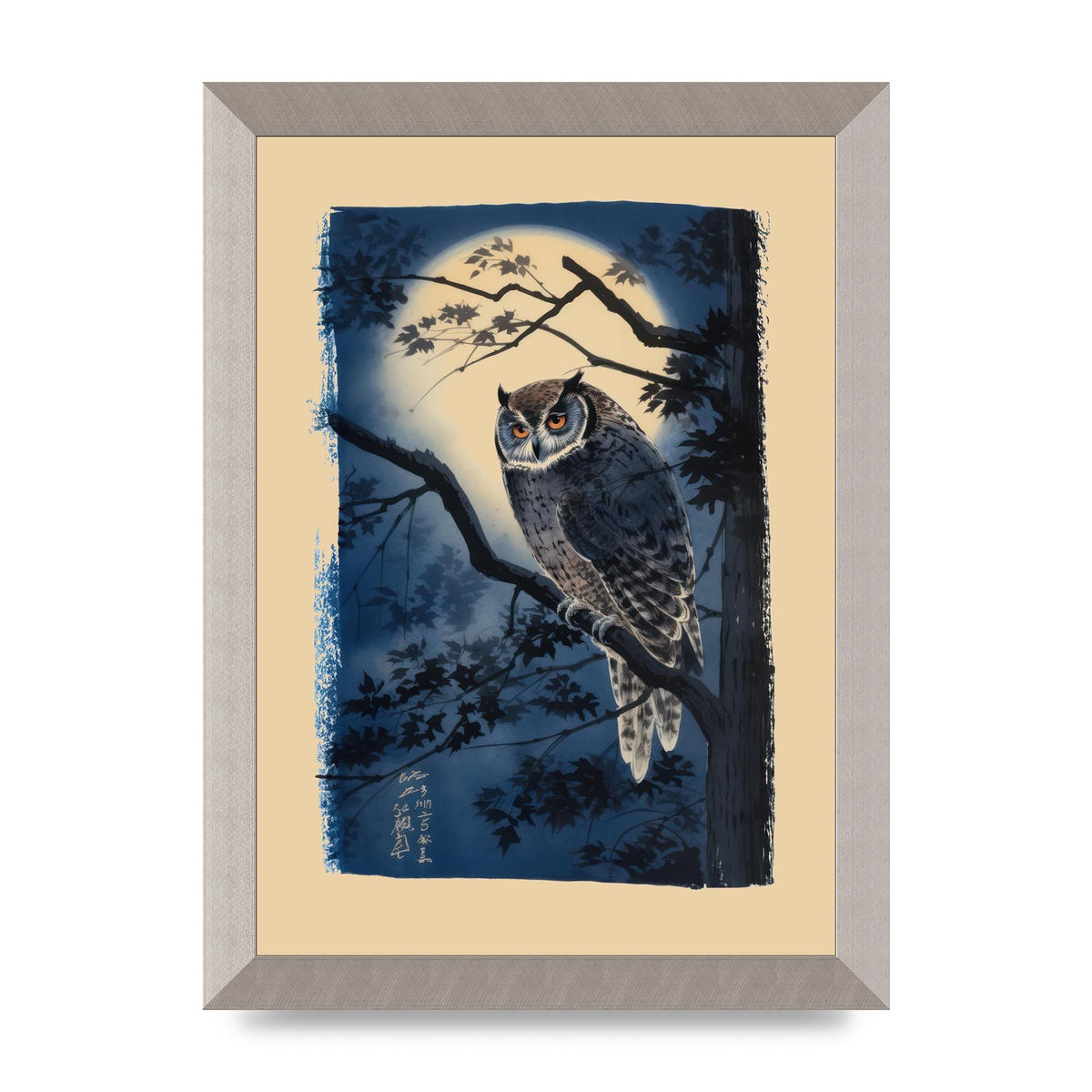 Sumi-e Night Owl in Deep Blues and Blacks