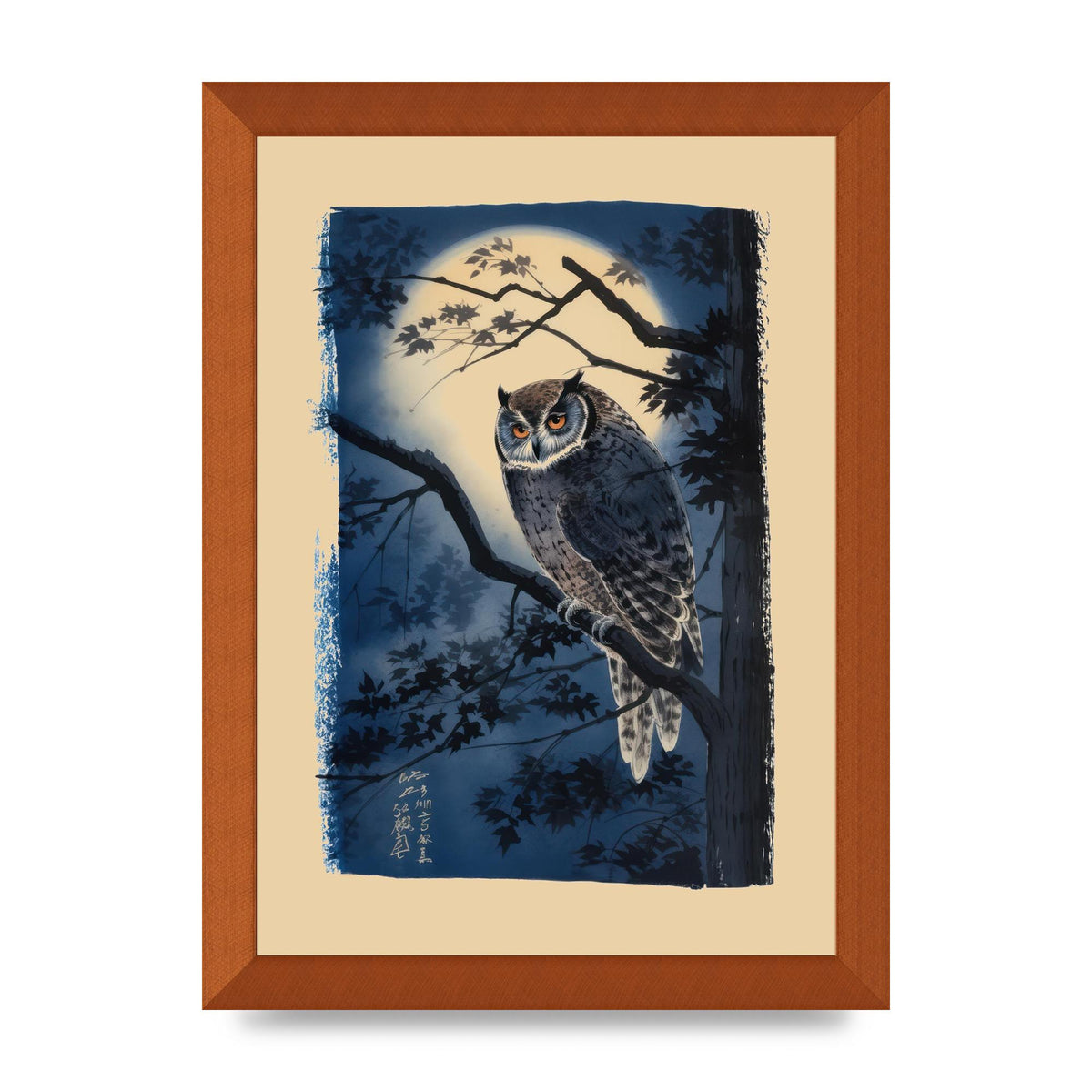 Sumi-e Night Owl in Deep Blues and Blacks