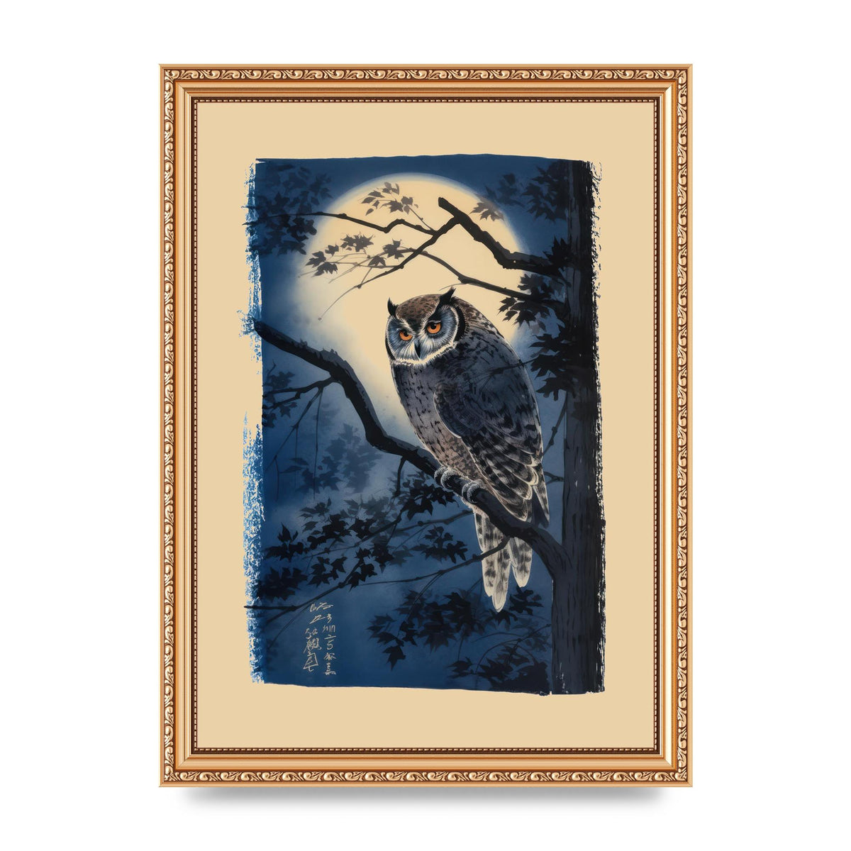 Sumi-e Night Owl in Deep Blues and Blacks