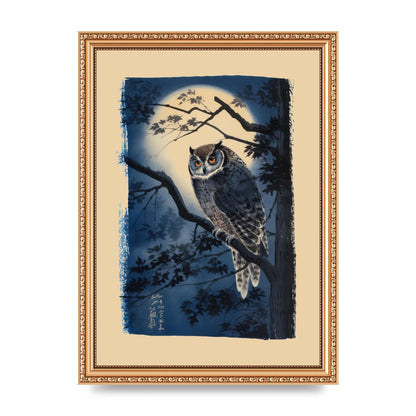 Sumi-e Night Owl in Deep Blues and Blacks