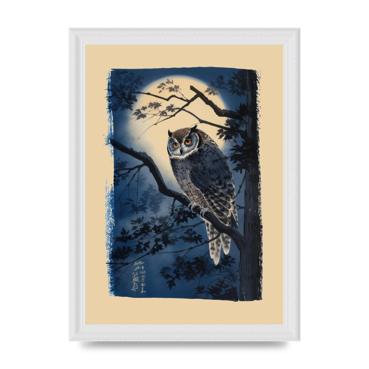 Sumi-e Night Owl in Deep Blues and Blacks
