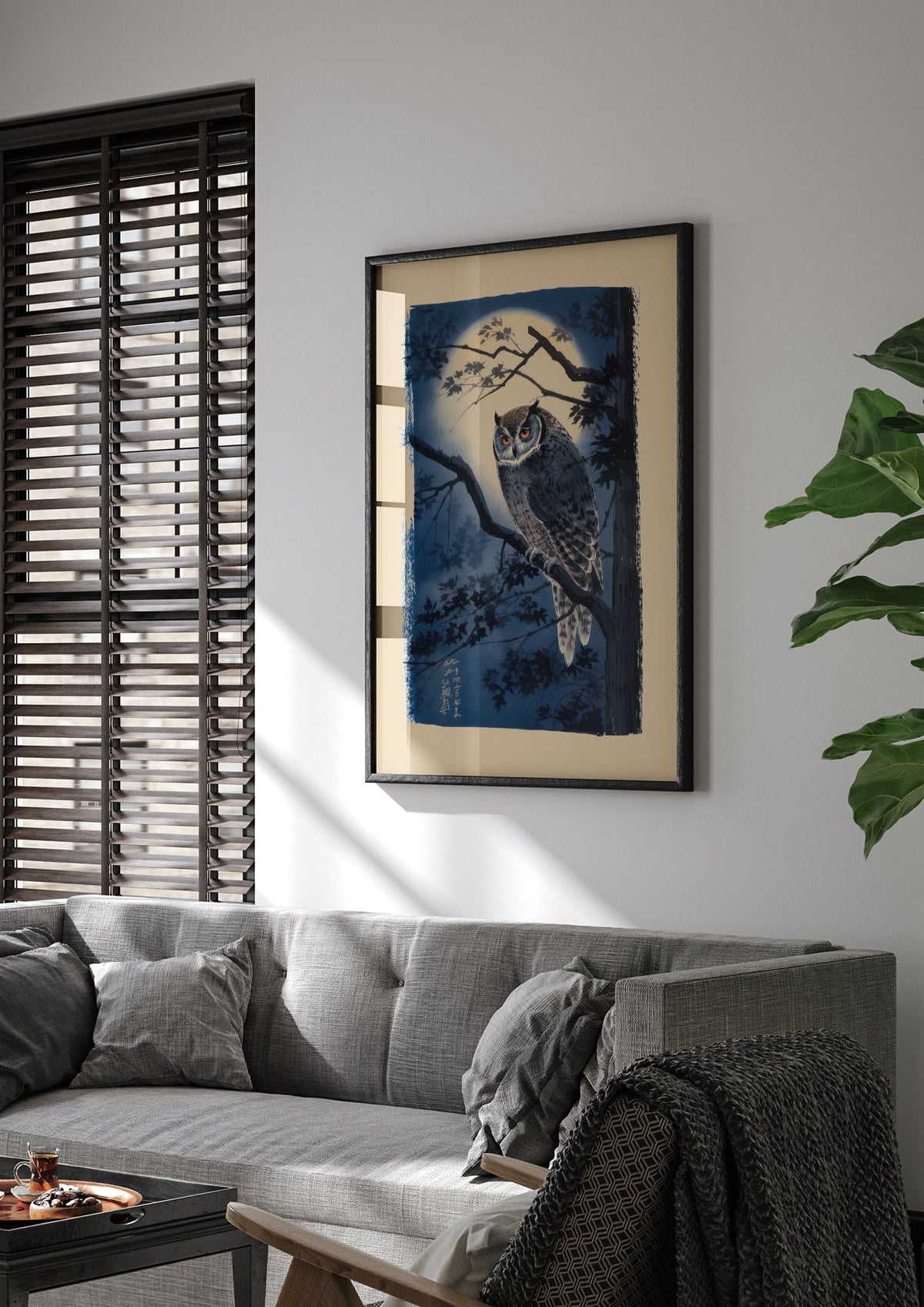 Sumi-e Night Owl in Deep Blues and Blacks