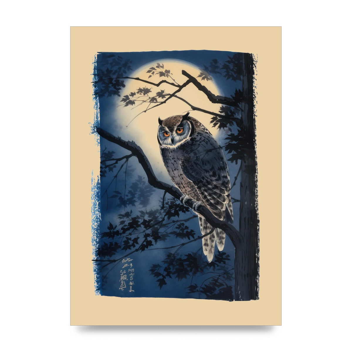 Sumi-e Night Owl in Deep Blues and Blacks