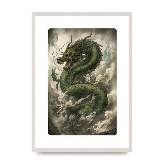Misty Dragon in Green and Gold Sumi-e