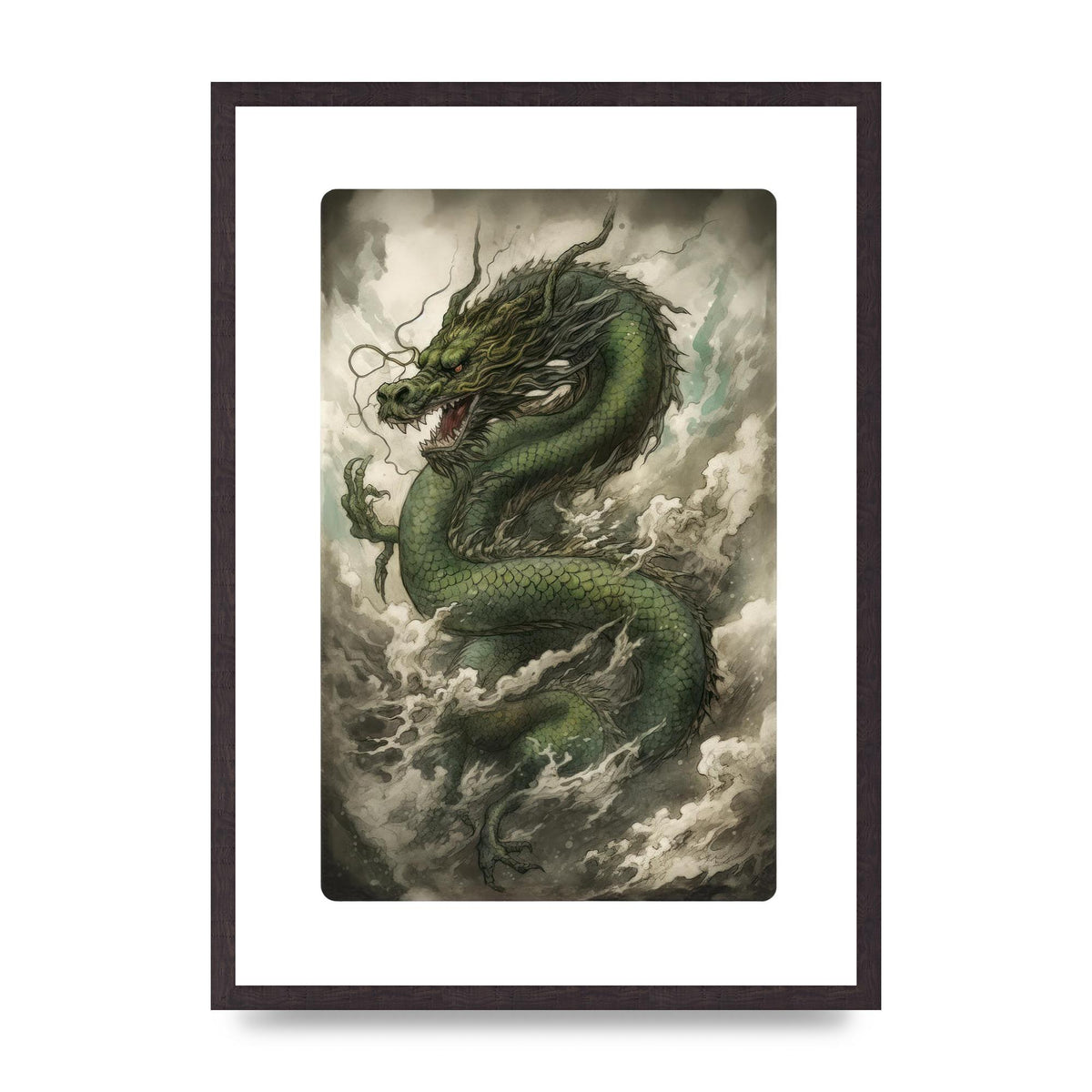 Misty Dragon in Green and Gold Sumi-e