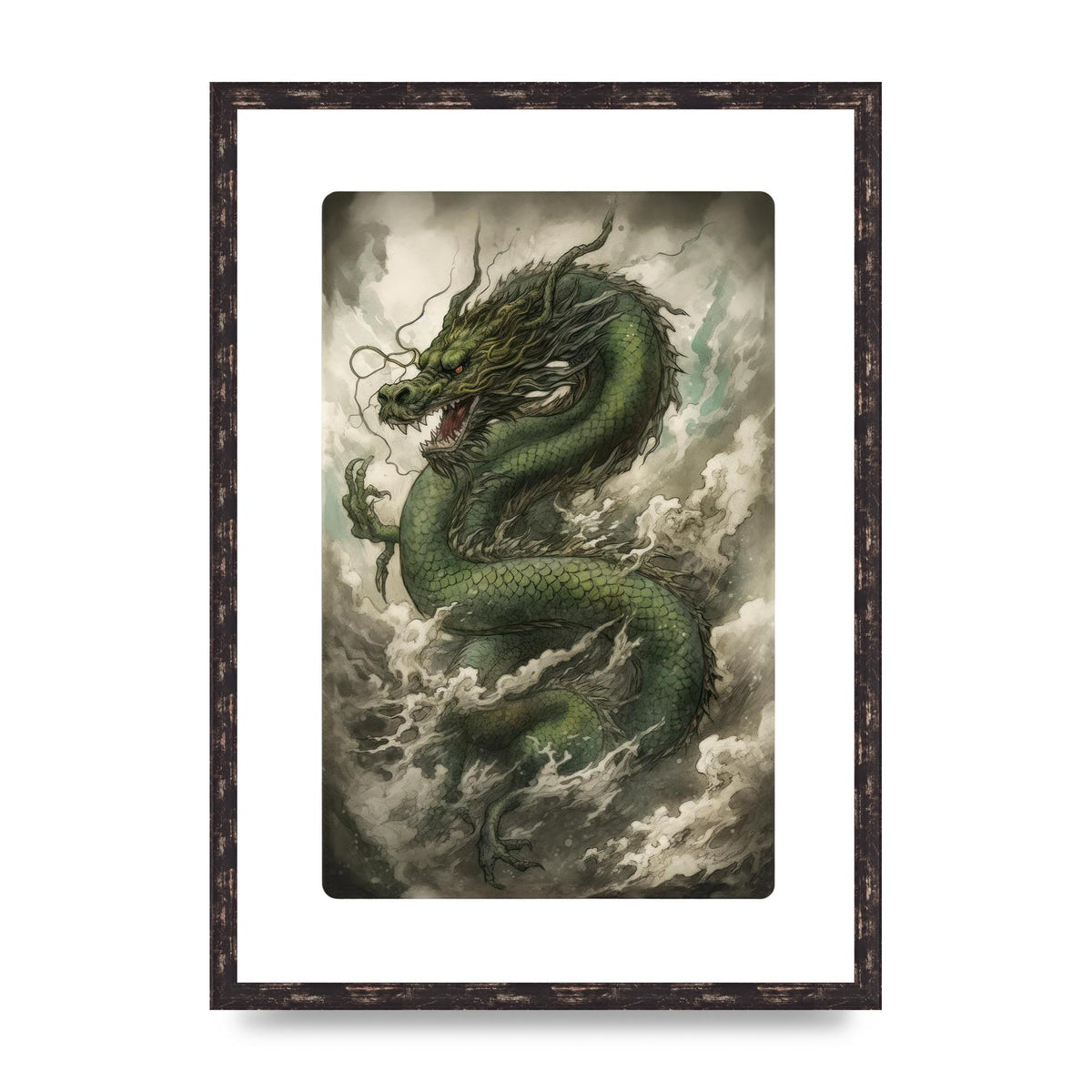 Misty Dragon in Green and Gold Sumi-e