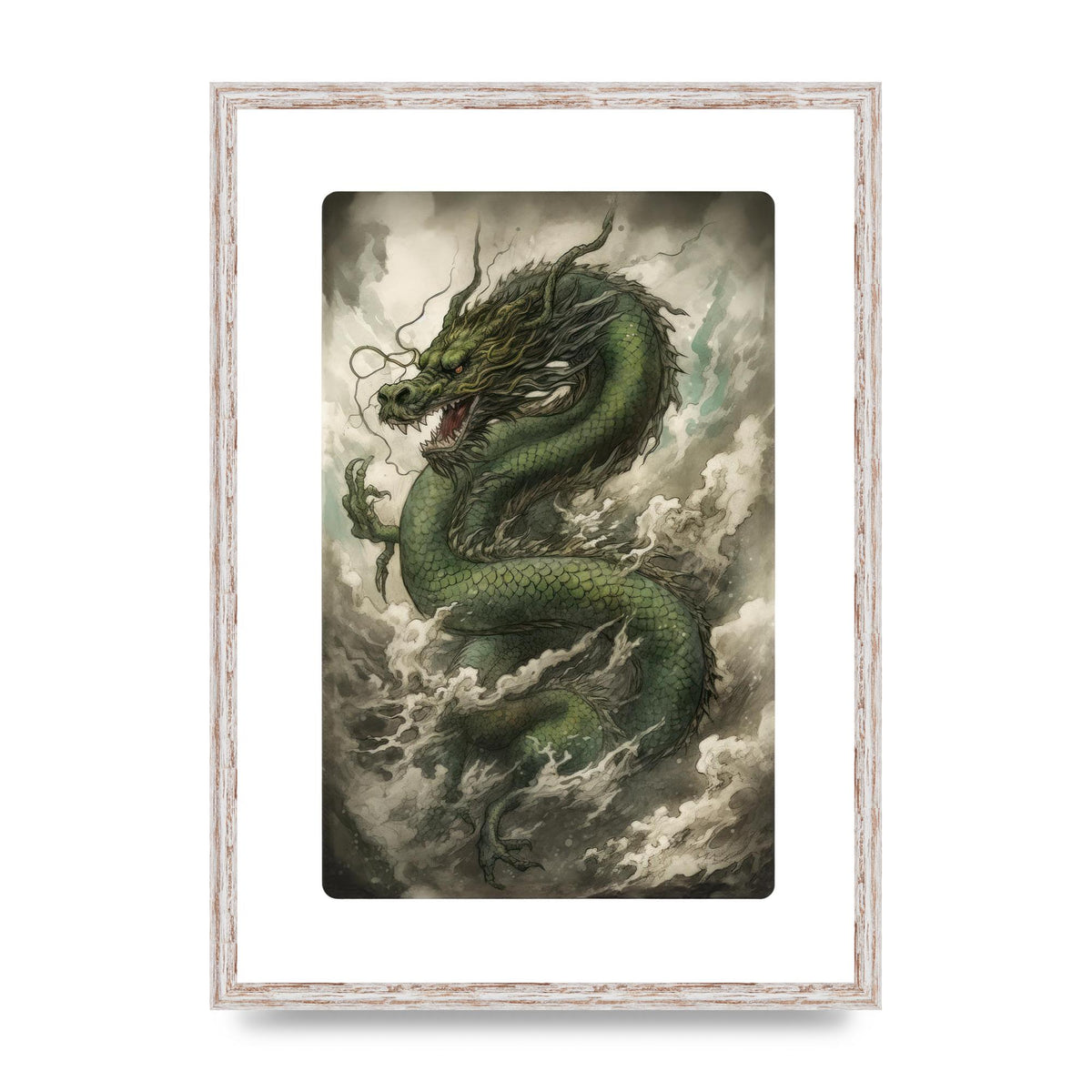 Misty Dragon in Green and Gold Sumi-e