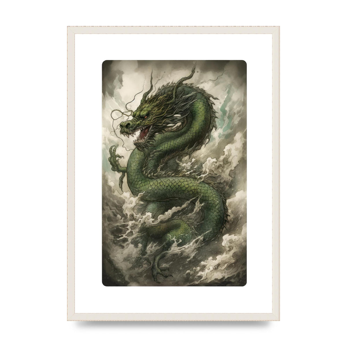 Misty Dragon in Green and Gold Sumi-e