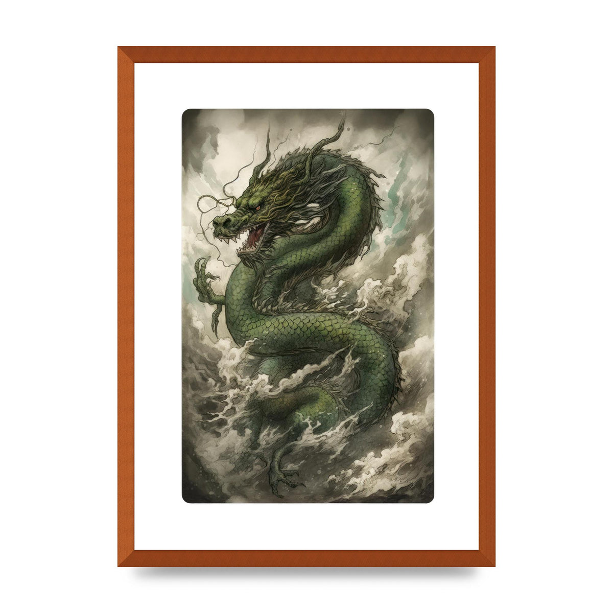 Misty Dragon in Green and Gold Sumi-e