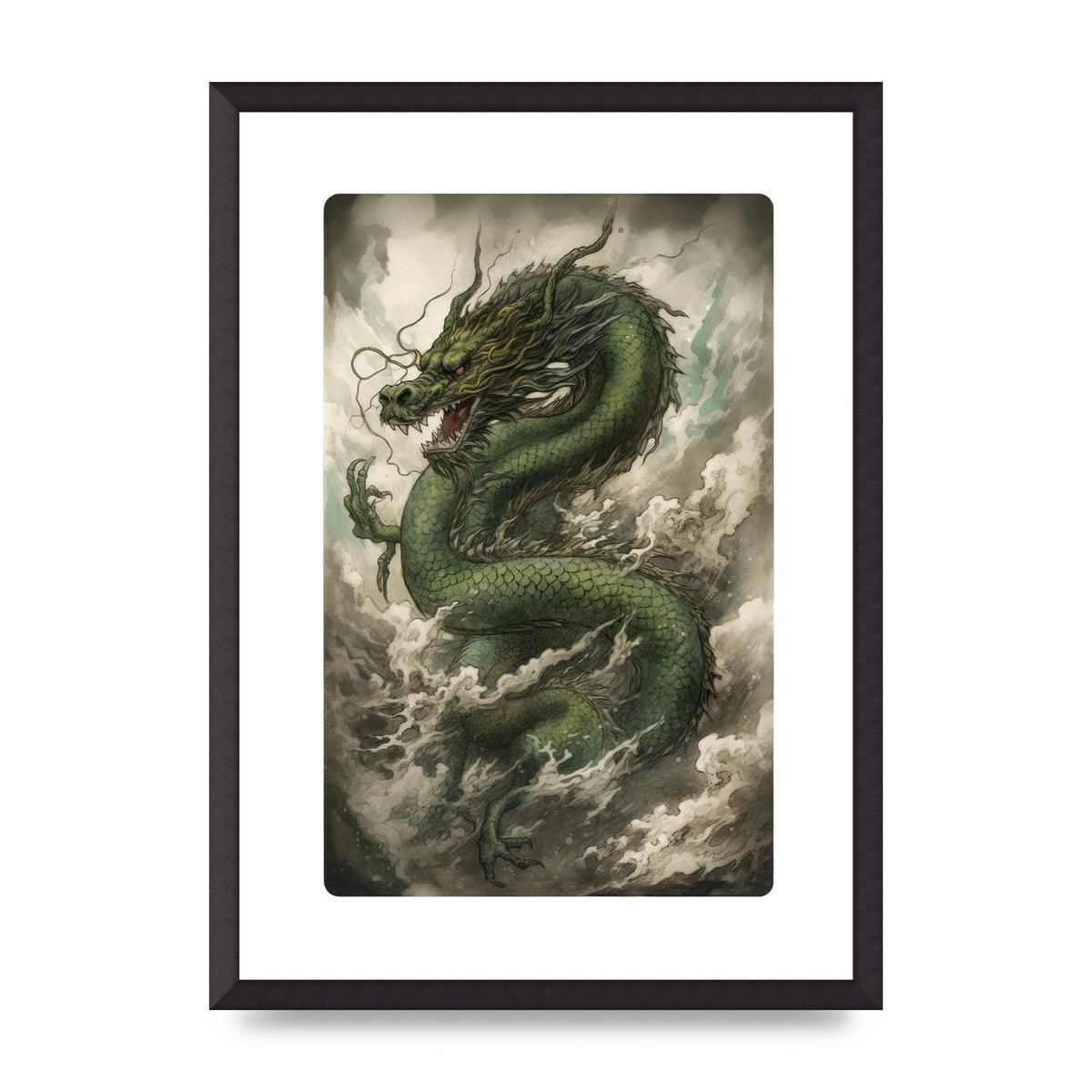 Misty Dragon in Green and Gold Sumi-e
