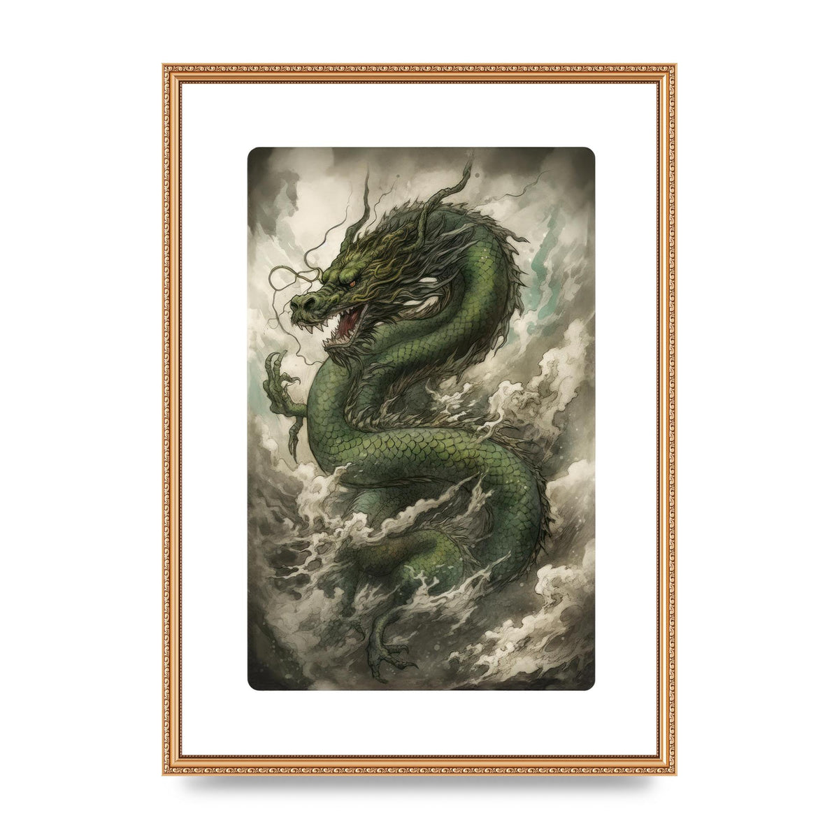 Misty Dragon in Green and Gold Sumi-e