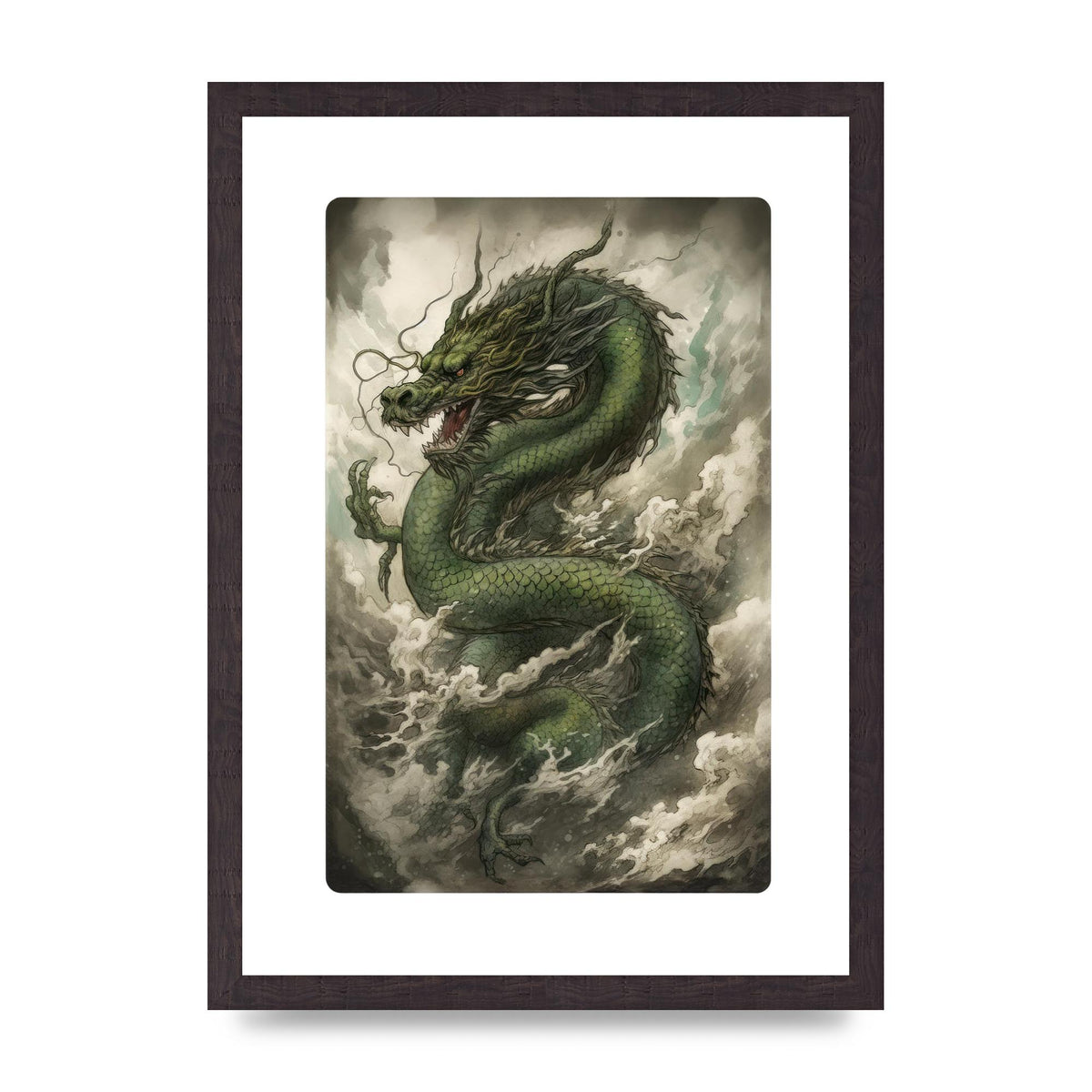 Misty Dragon in Green and Gold Sumi-e