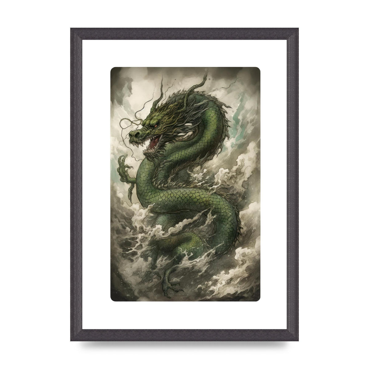 Misty Dragon in Green and Gold Sumi-e