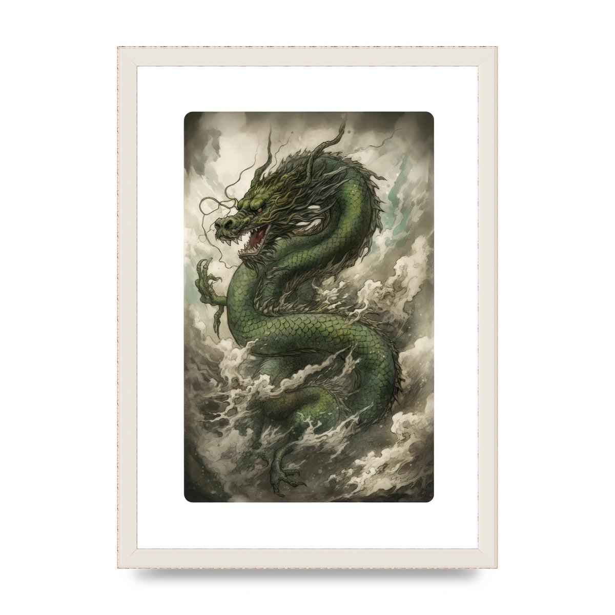 Misty Dragon in Green and Gold Sumi-e