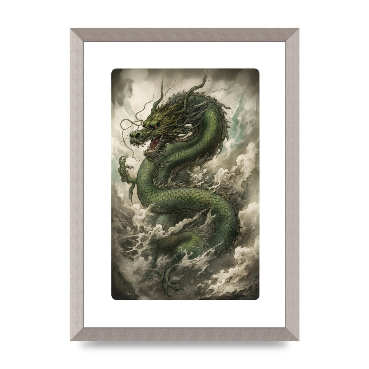Misty Dragon in Green and Gold Sumi-e