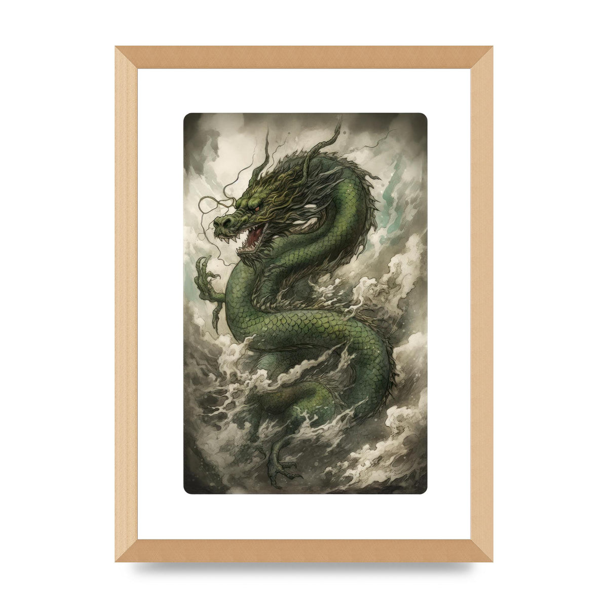 Misty Dragon in Green and Gold Sumi-e