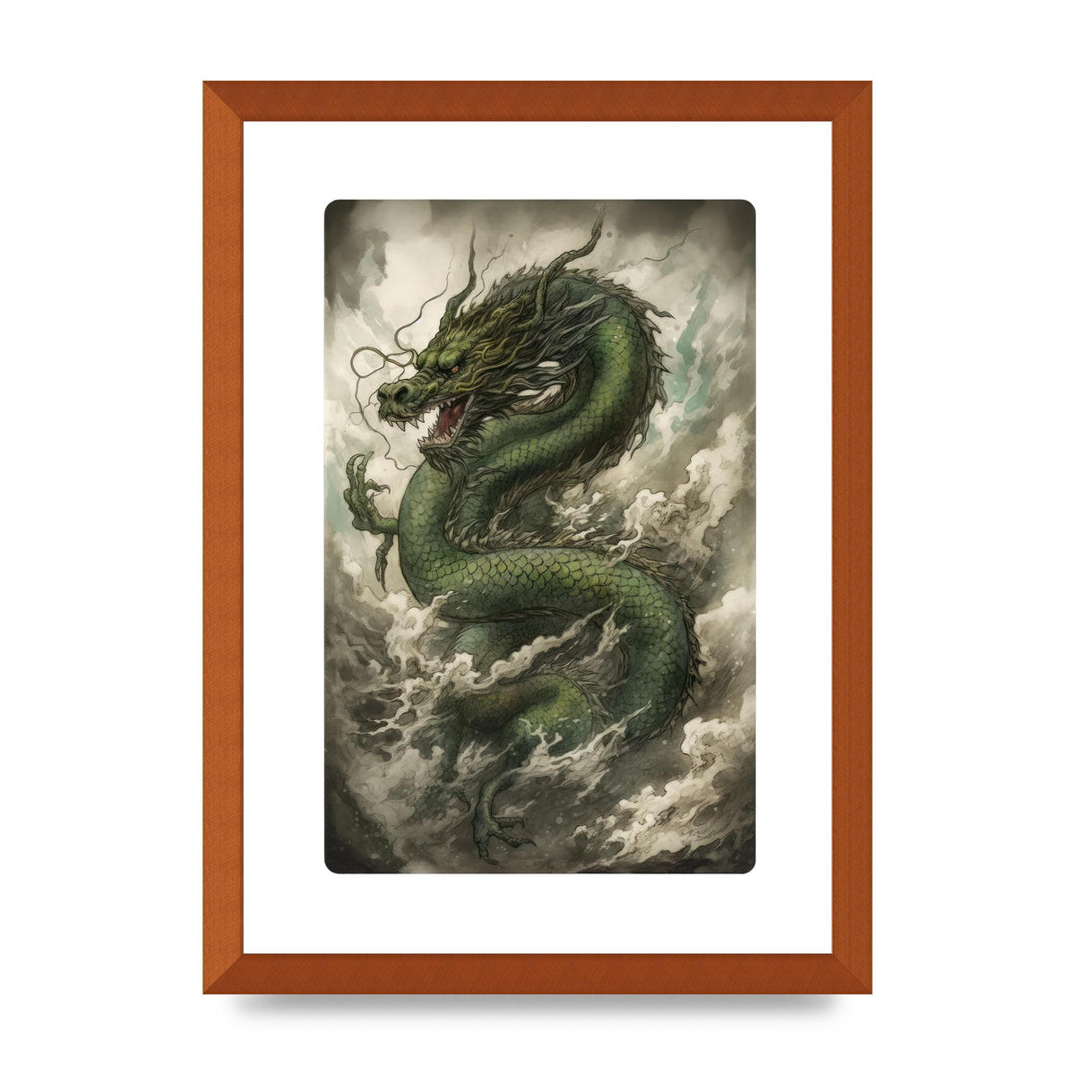 Misty Dragon in Green and Gold Sumi-e