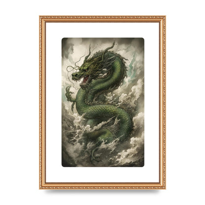 Misty Dragon in Green and Gold Sumi-e