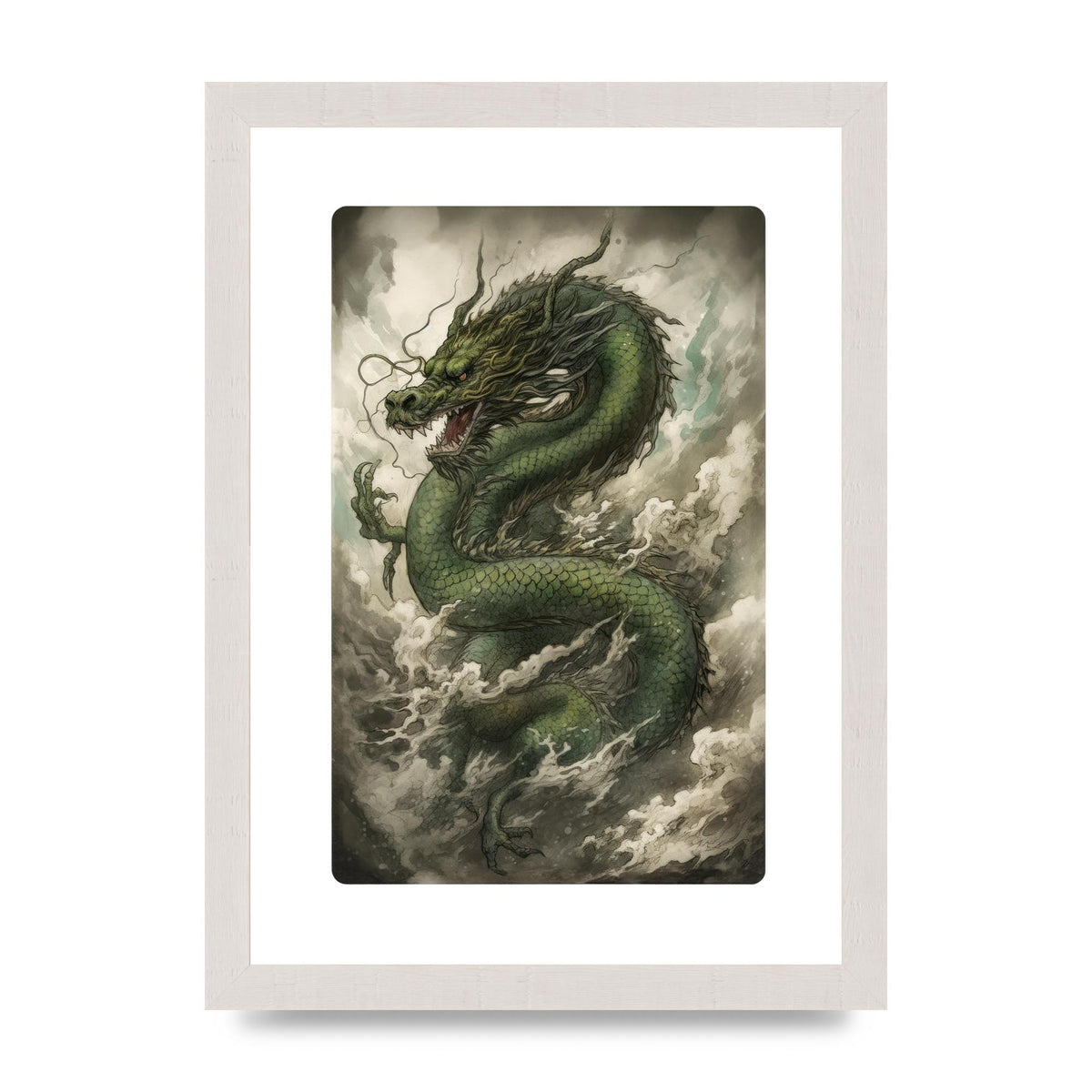 Misty Dragon in Green and Gold Sumi-e