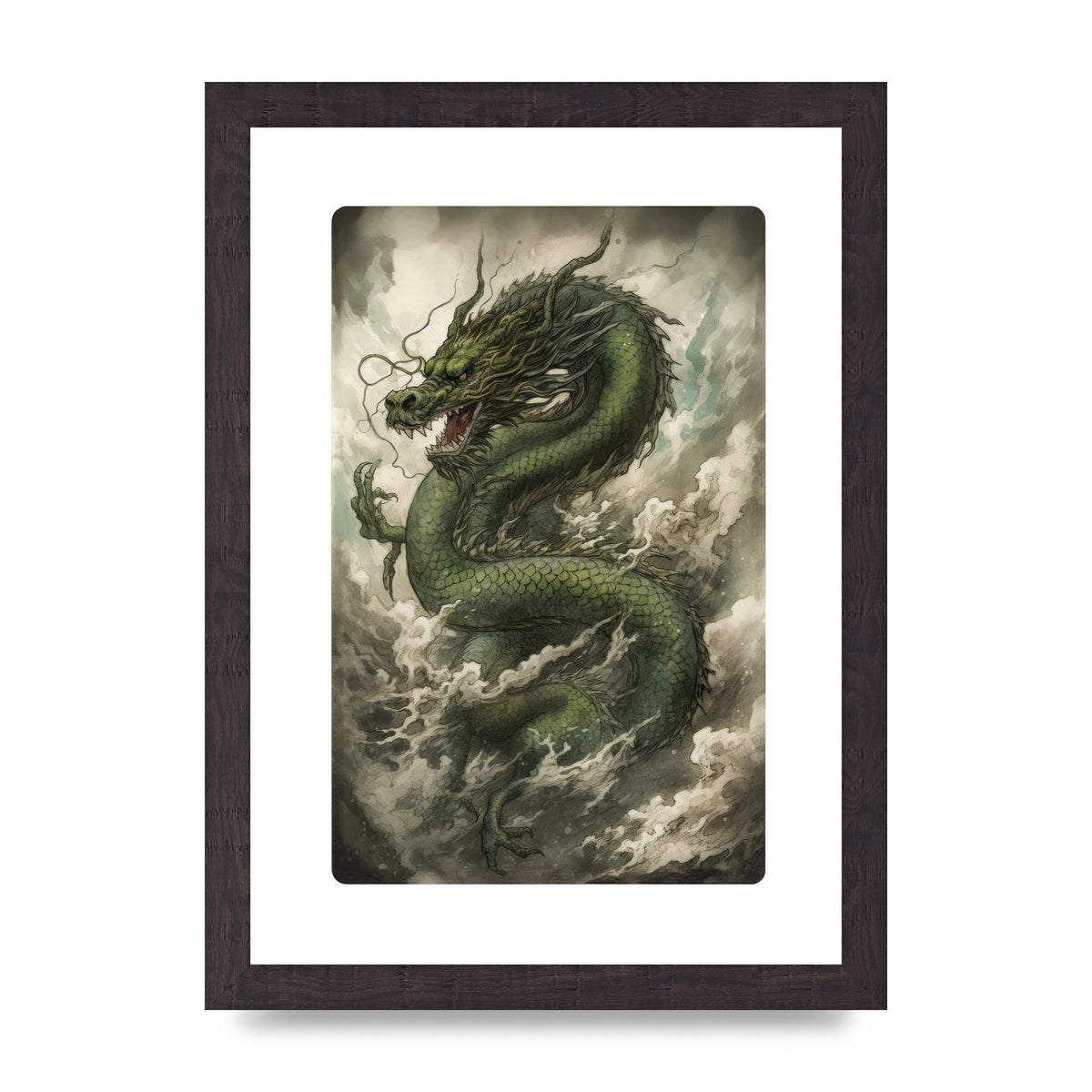 Misty Dragon in Green and Gold Sumi-e
