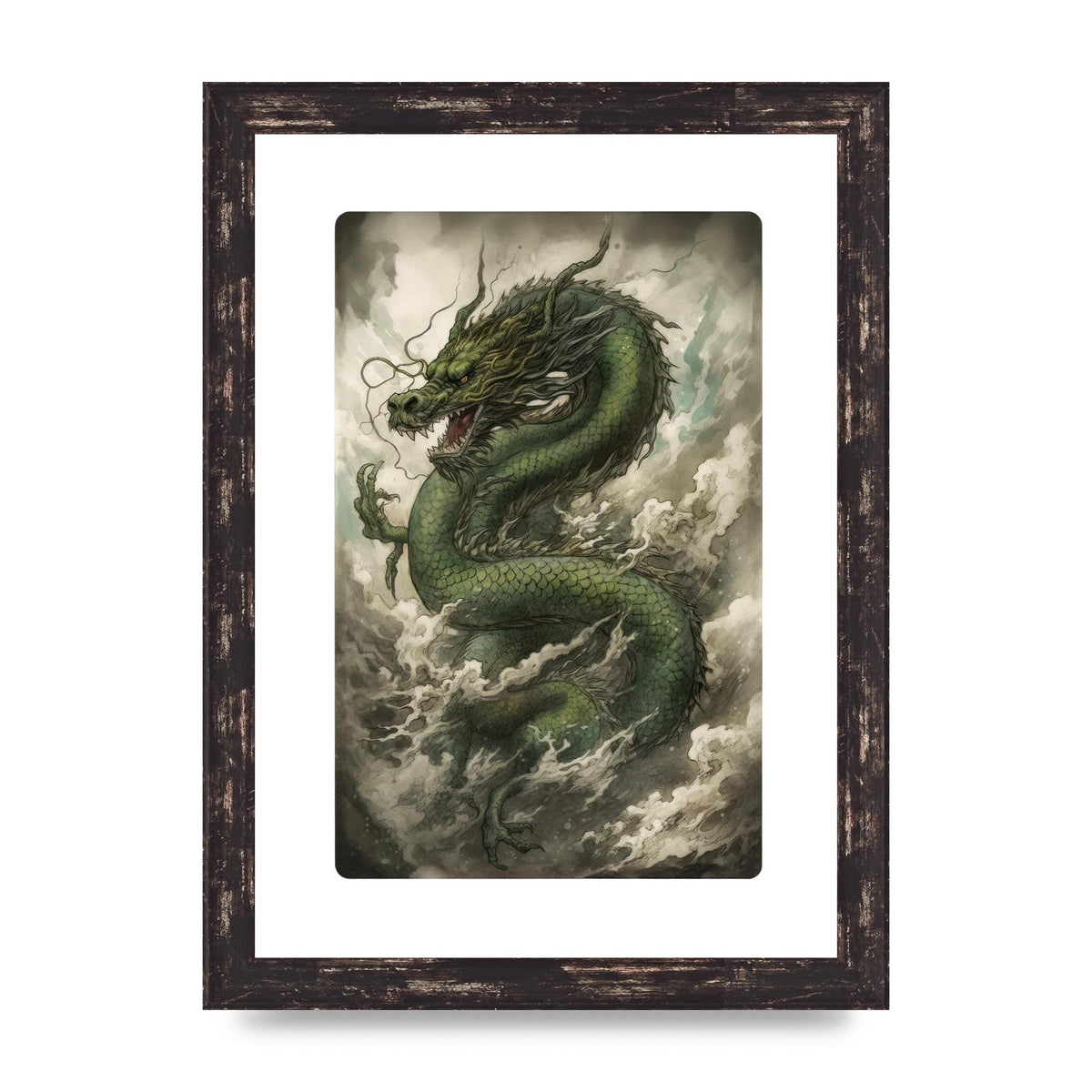 Misty Dragon in Green and Gold Sumi-e