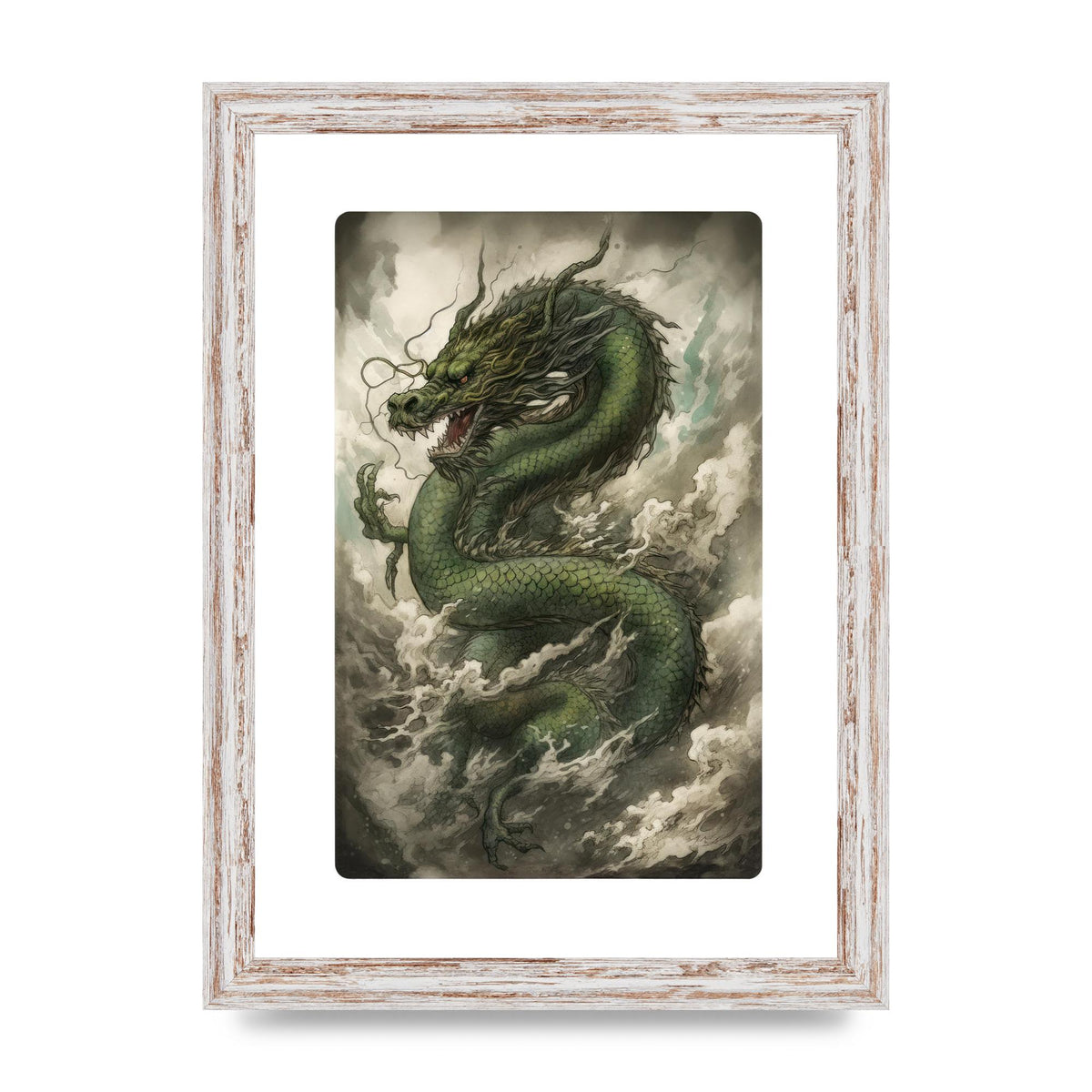 Misty Dragon in Green and Gold Sumi-e