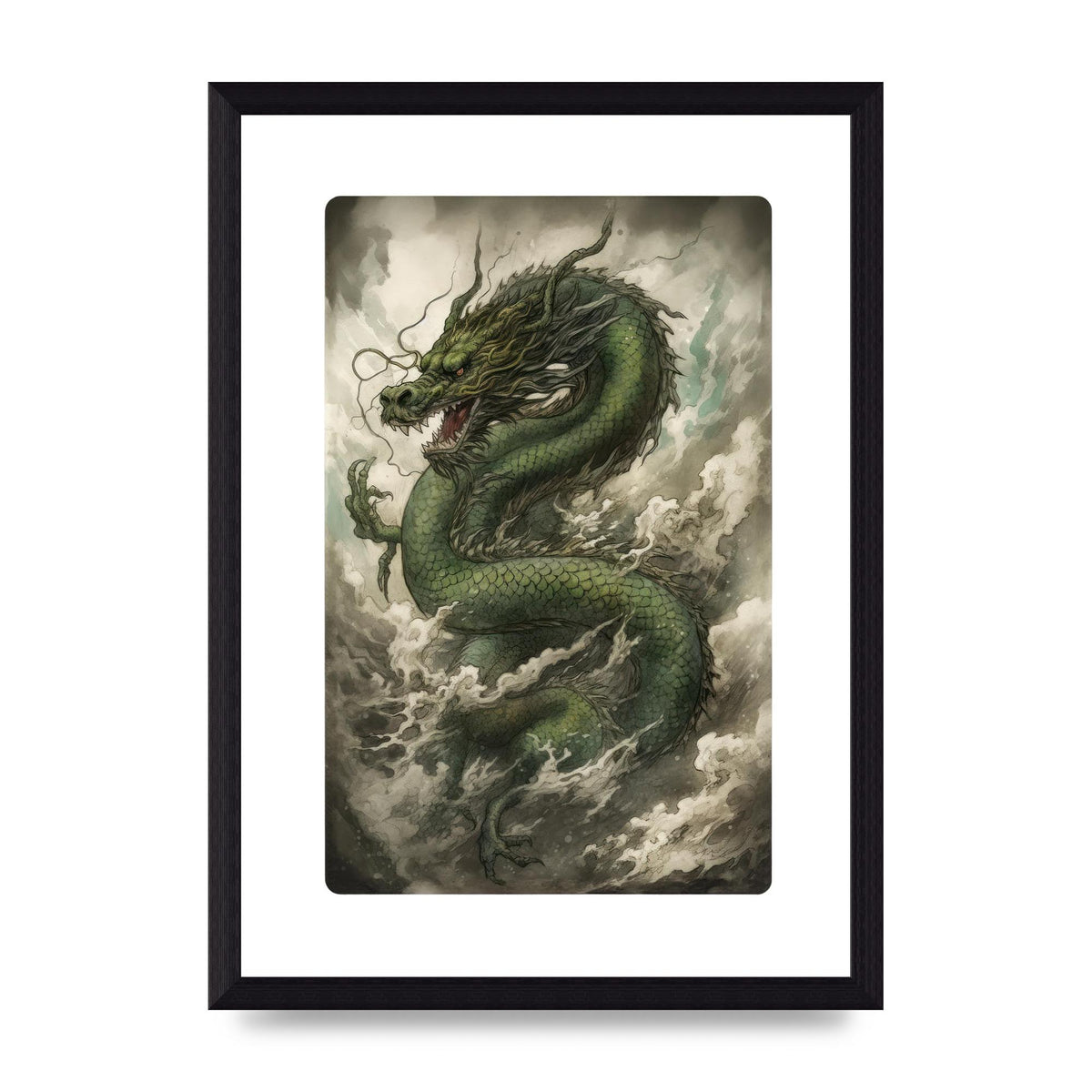 Misty Dragon in Green and Gold Sumi-e