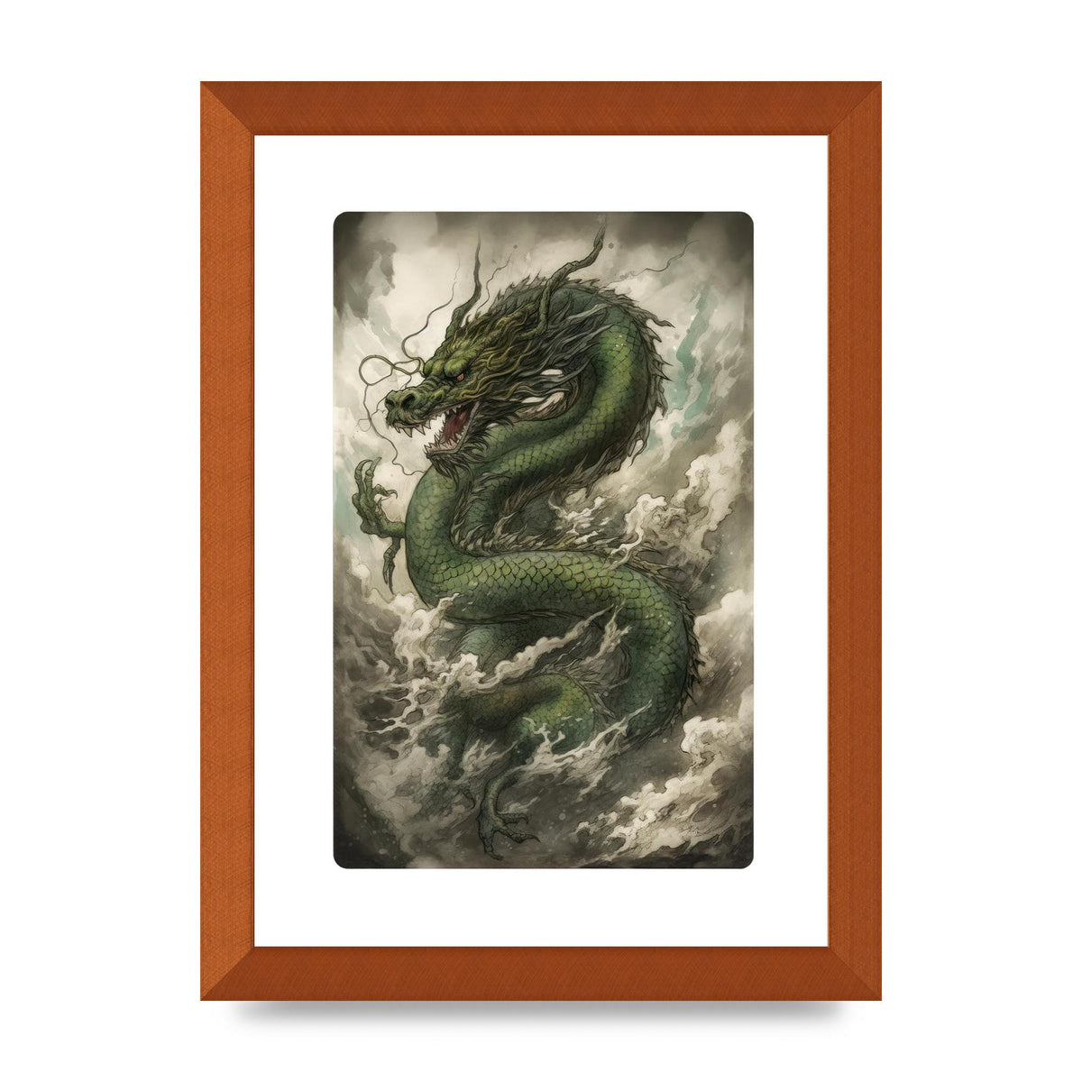 Misty Dragon in Green and Gold Sumi-e