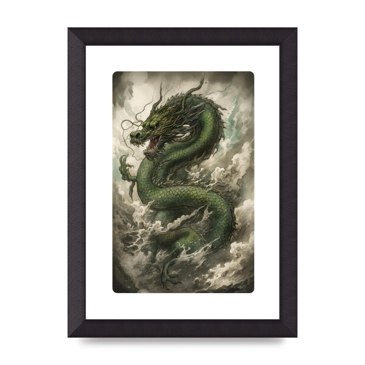 Misty Dragon in Green and Gold Sumi-e