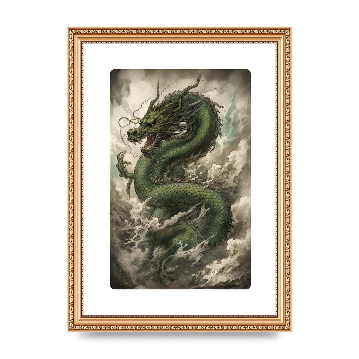 Misty Dragon in Green and Gold Sumi-e