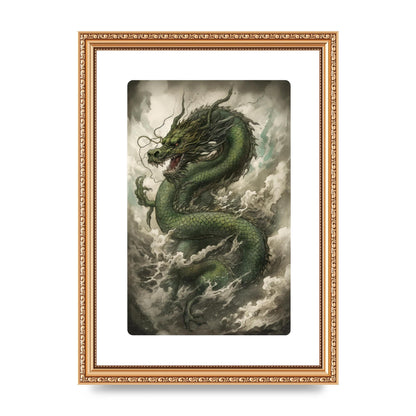 Misty Dragon in Green and Gold Sumi-e