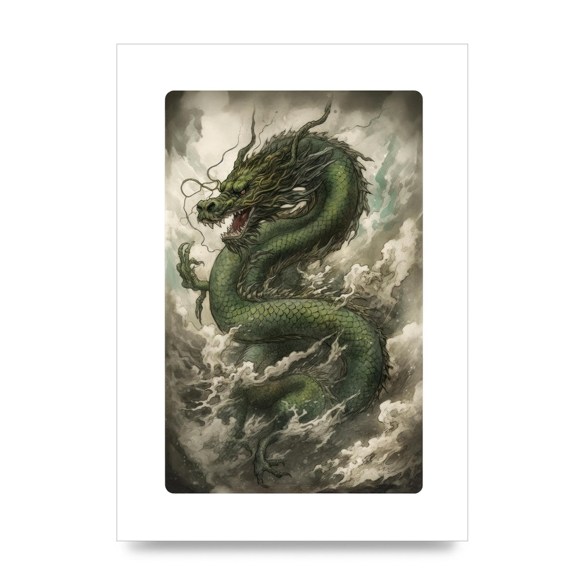 Misty Dragon in Green and Gold Sumi-e